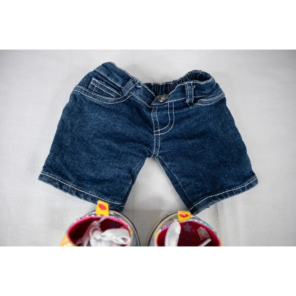 Build-A-Bear Shorts and Shoes Blue Jean Excellent Denim Rainbow Rhinestone kids‎